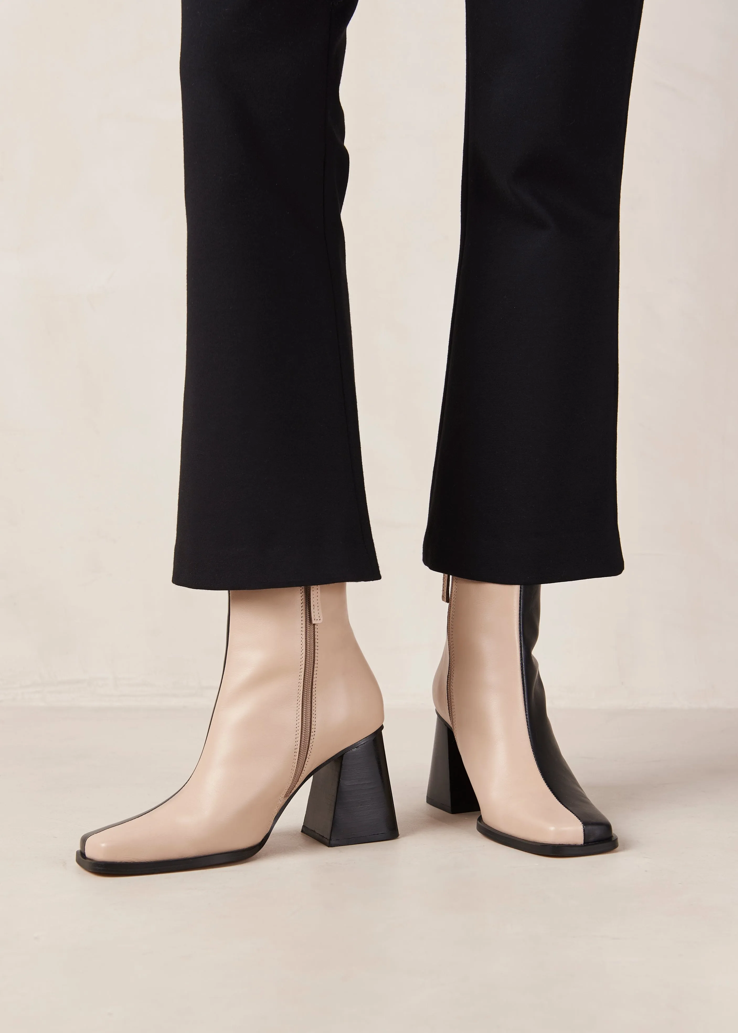 South Bicolor Stone Beige Black Leather Ankle Boots sold by Alohas