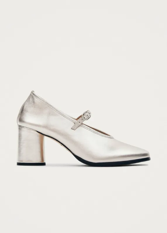 Esha Shimmer Silver Leather Pumps made by Alohas