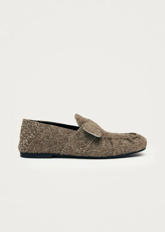 Aeryn Suede Fuzzy Khaki Leather Loafers sold by Alohas