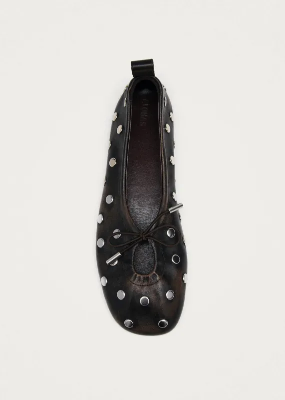 Rosalind All Studs Vintage Effect Brown Leather Ballet Flats sold by Alohas