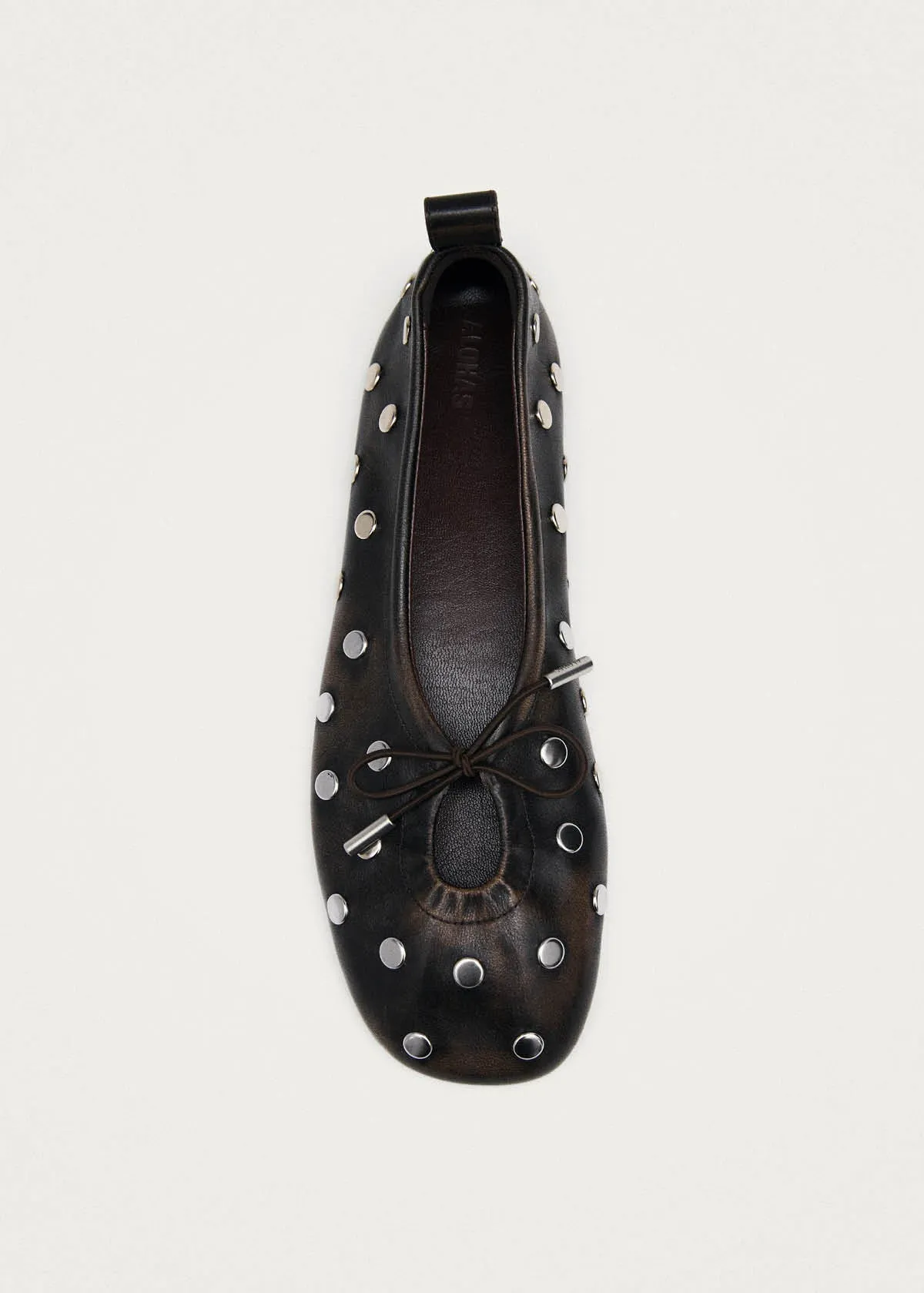 Rosalind All Studs Vintage Effect Brown Leather Ballet Flats sold by Alohas