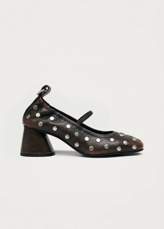 Rhiane All Studs Vintage Effect Brown Leather Pumps made by Alohas