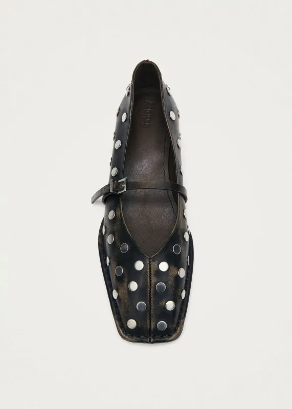 Sway All Studs Vintage Effect Dark Brown Leather Ballet Flats made by Alohas