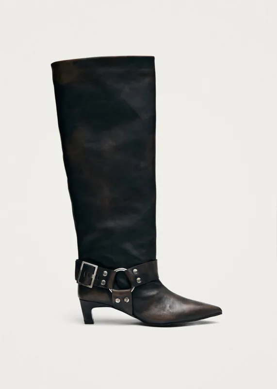 Samia Buckle Vintage Effect Brown Leather Boots made by Alohas