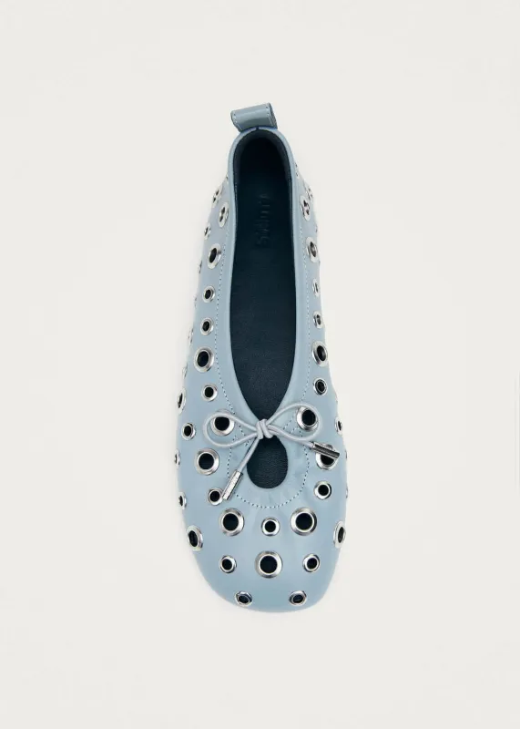 Rosalind All Eyelets Blue Leather Ballet Flats made by Alohas
