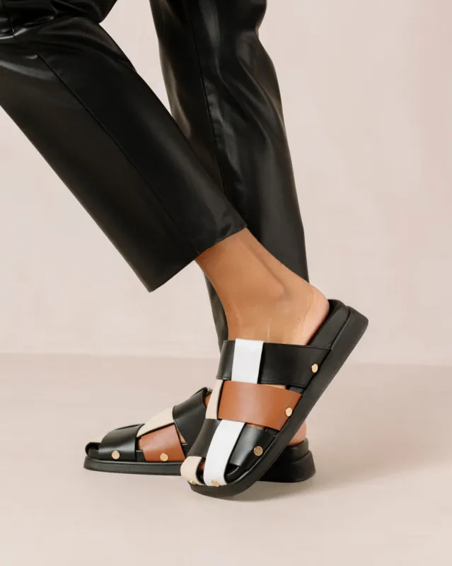 Stuart Scacchi Black Tan Cream Bright White Leather Mules sold by Alohas