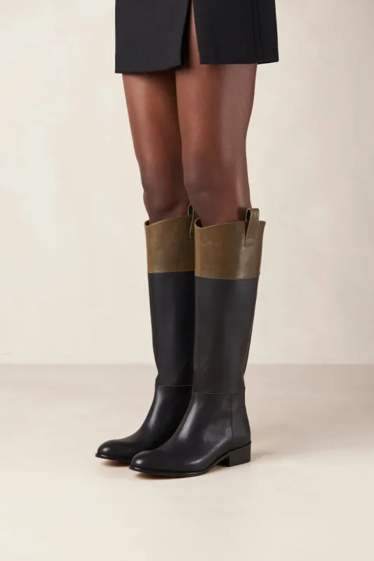 Billie Bicolor Black Green Leather Boots sold by Alohas