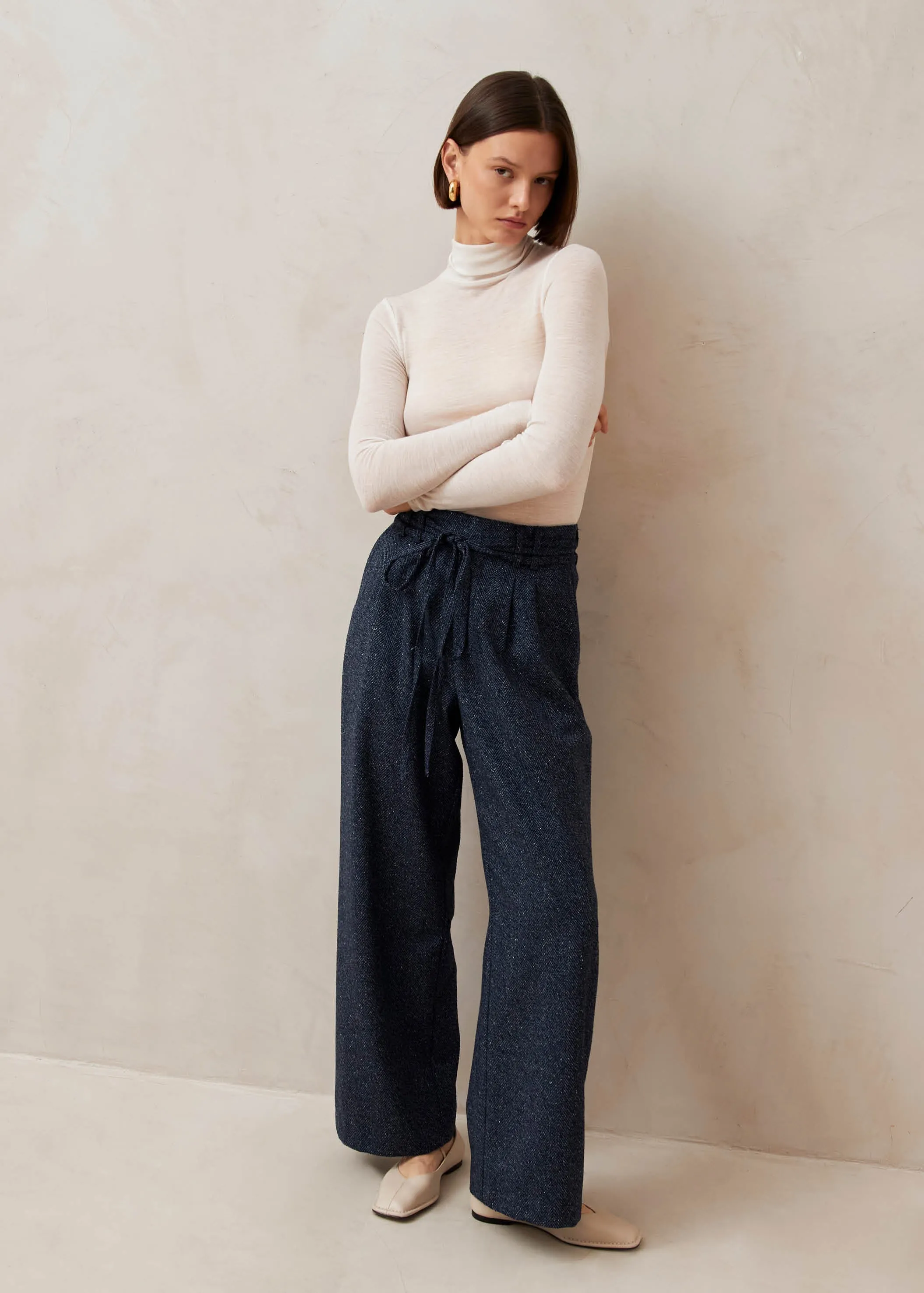 Kathy Herringbone Navy Pants sold by Alohas