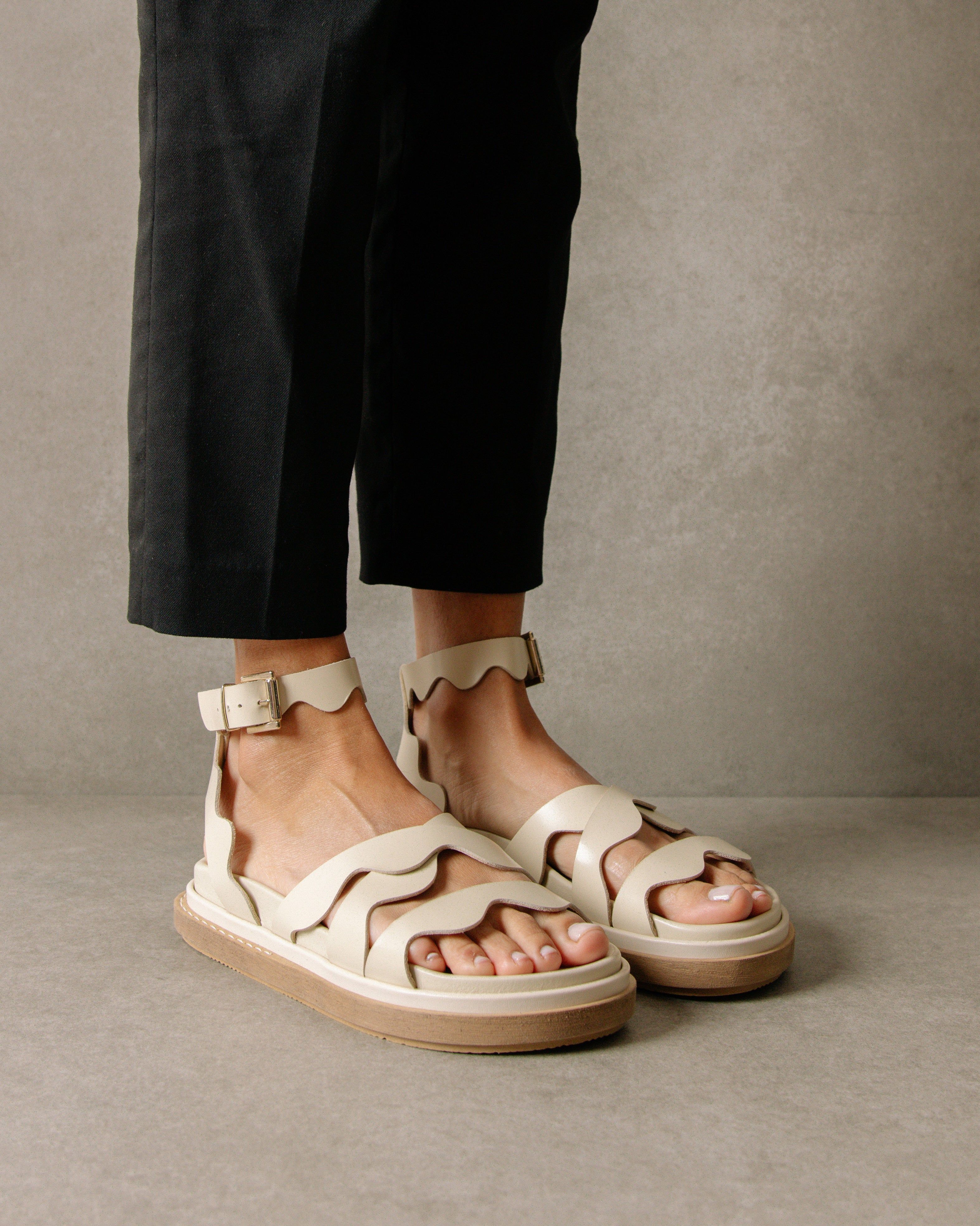Wavy Cream Leather Sandals sold by Alohas