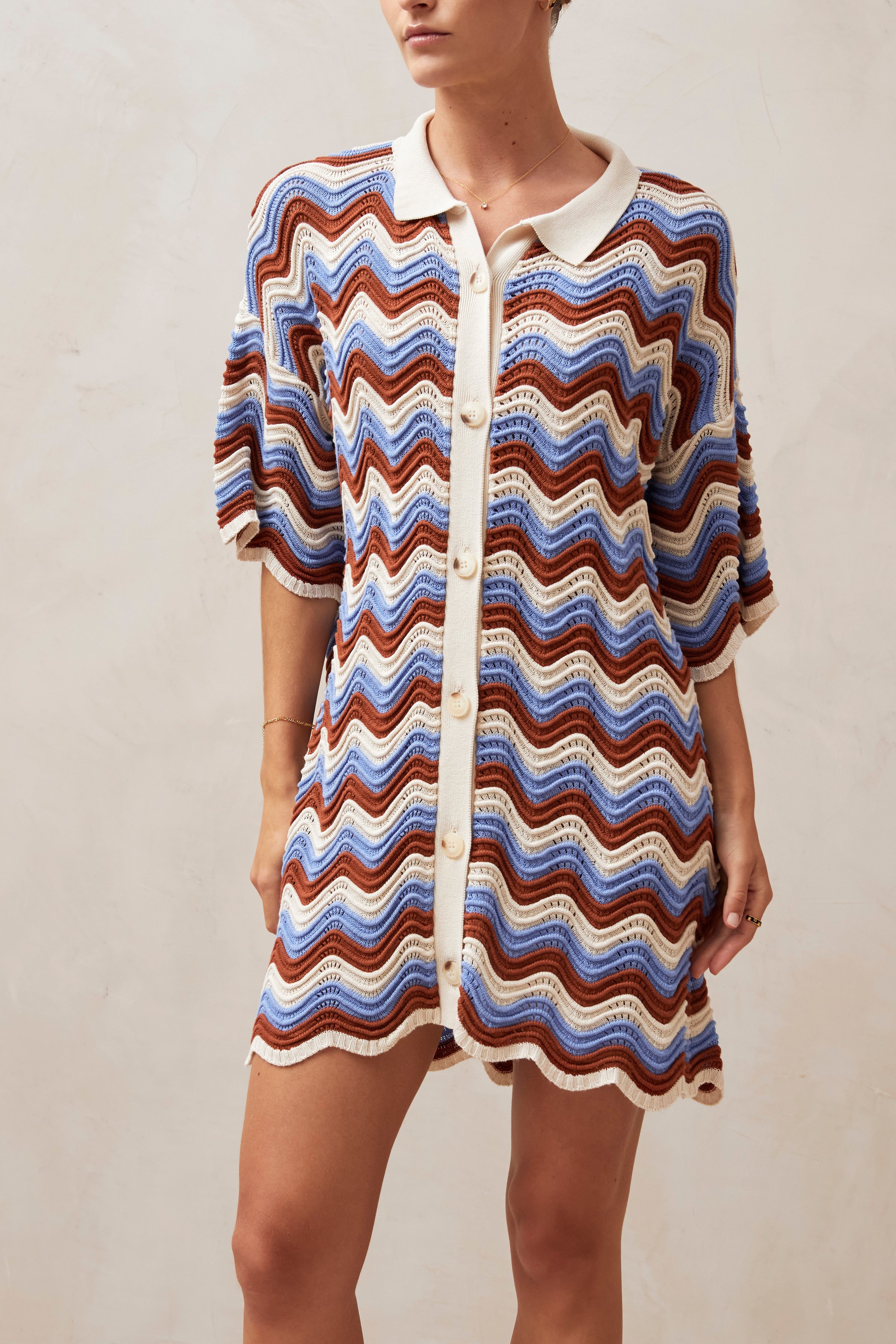 Palermo Ecru Brown And Blue Waves Tricot Mini Dress sold by Alohas product image thumbnail 3