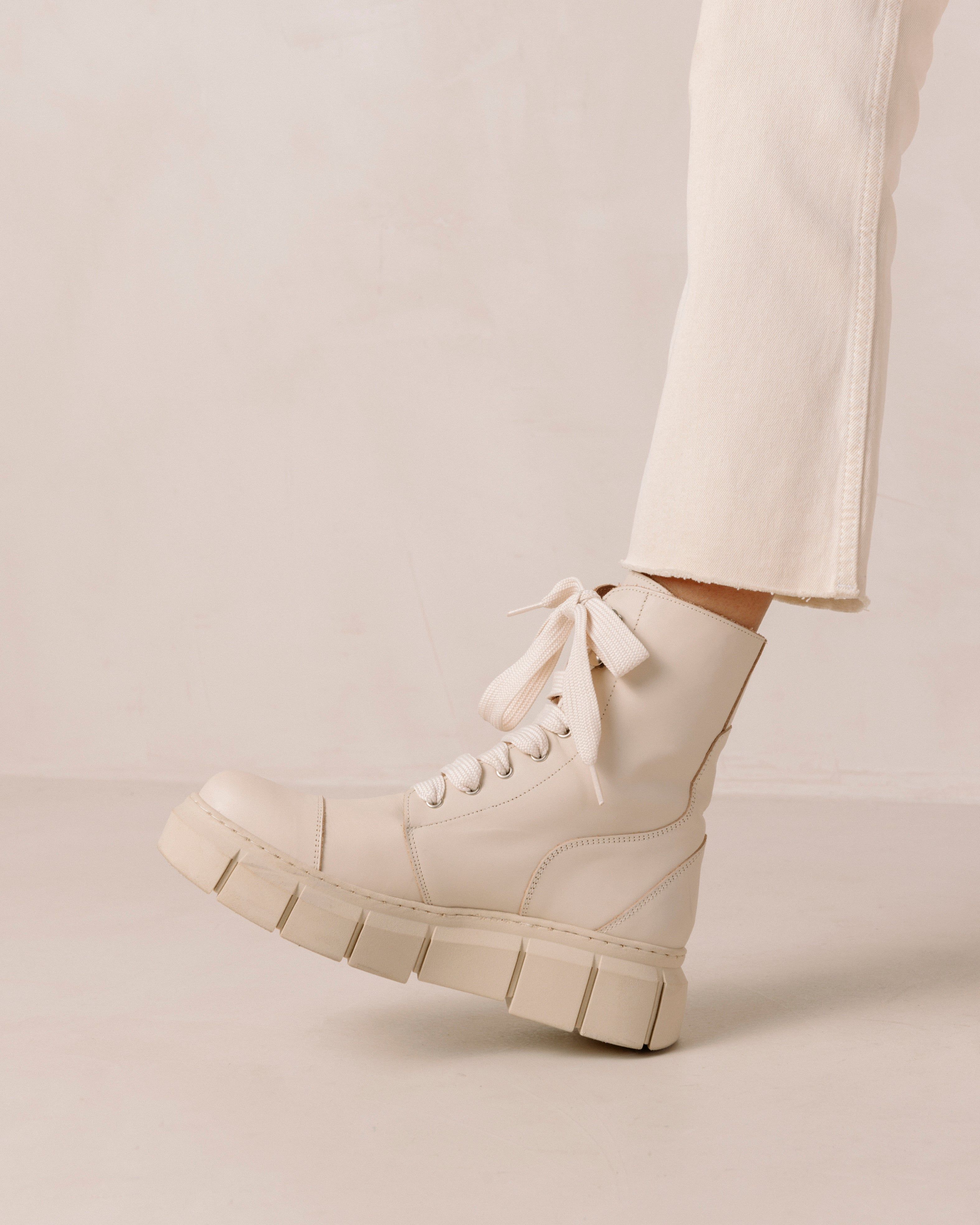 Can Can Cream Leather Ankle Boots sold by Alohas