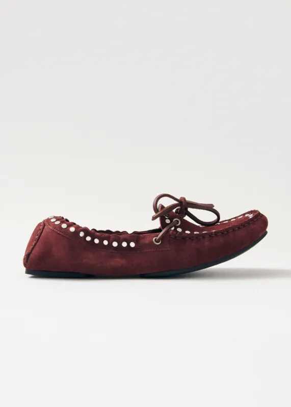 Calla Suede Studs Burgundy Leather Loafers sold by Alohas