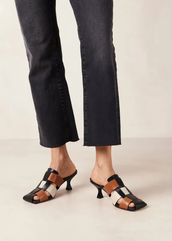 Shubie Scacchi Black Tan Cream Leather Sandals sold by Alohas