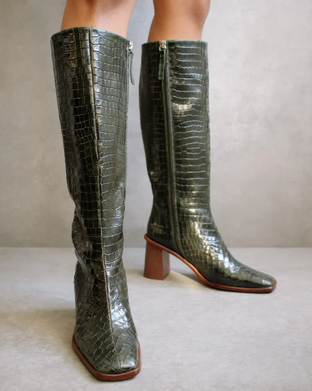 East Alli Forest Green Leather Boots sold by Alohas