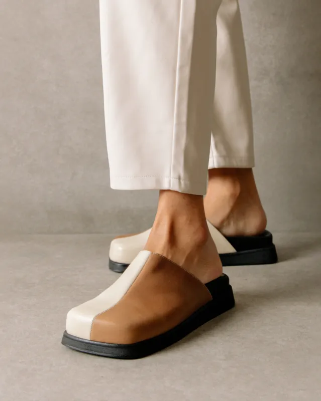 Whiz Bicolor Camel Cream Leather Mules sold by Alohas