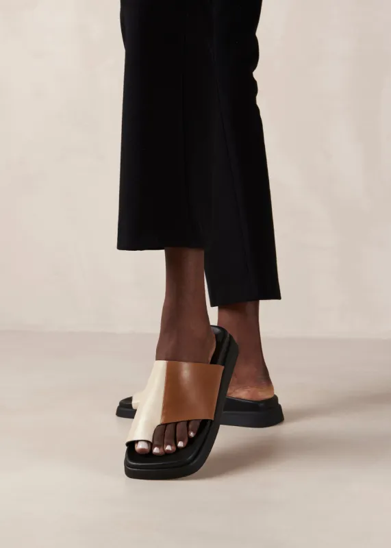 Toe Ring Flop Bicolor Camel Cream Leather Sandals sold by Alohas