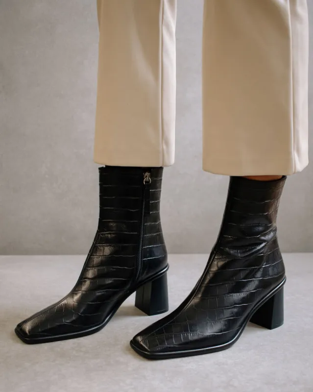 West Cape Croco Black Leather Ankle Boots sold by Alohas