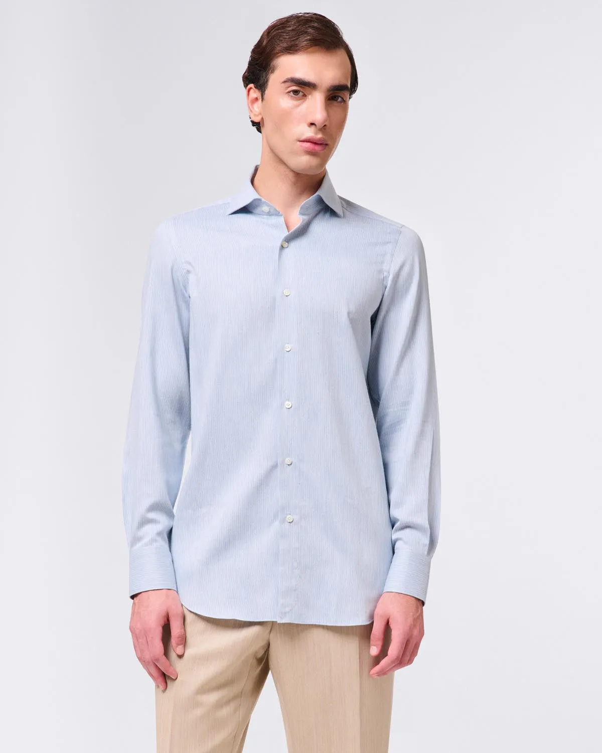 Classic slim fit Milano shirt striped cotton cashmere. Carlo Riva sold by Finamore