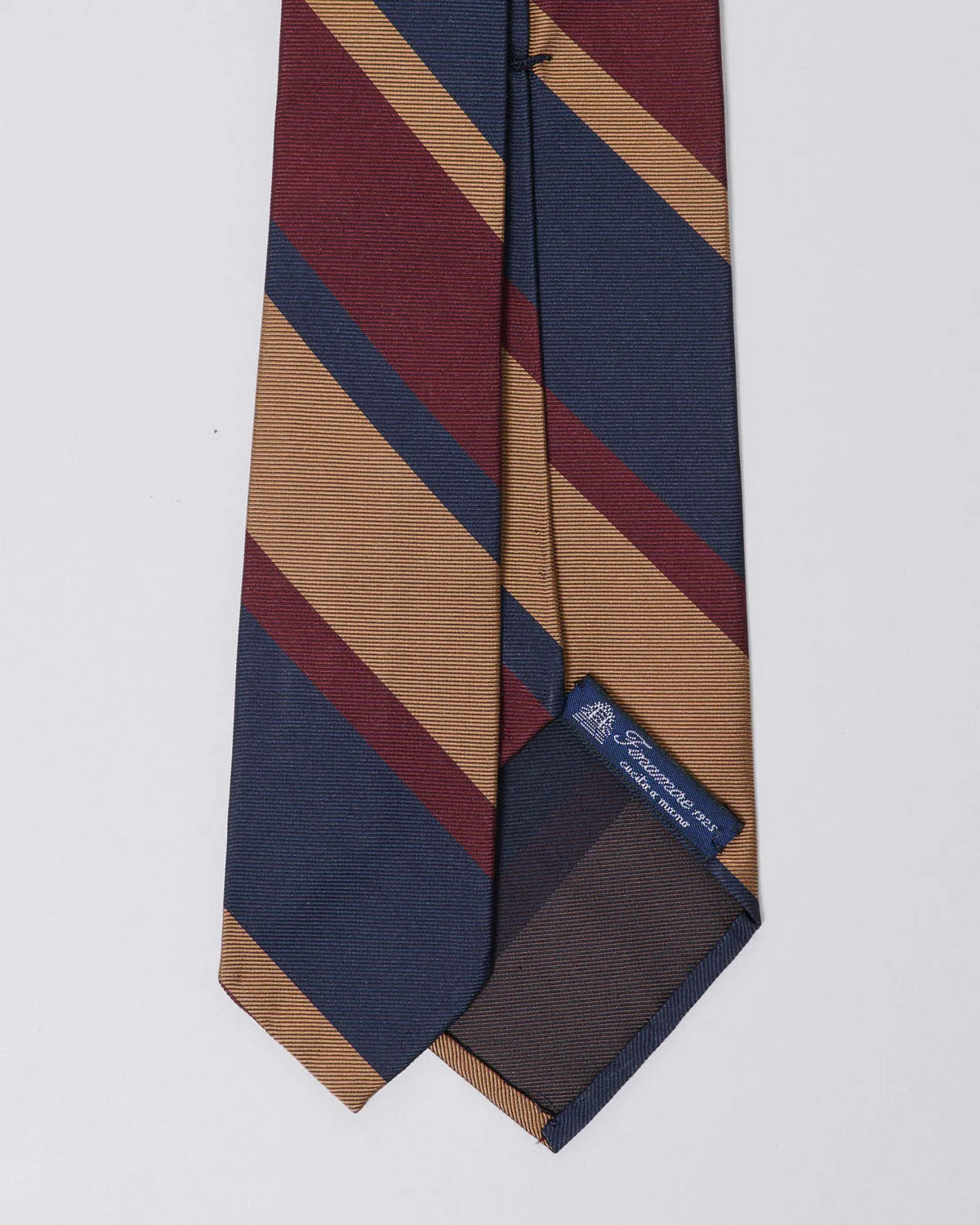 Unlined silk regimental tie in shades of blue, burgundy, and sand sold by Finamore product image thumbnail 2