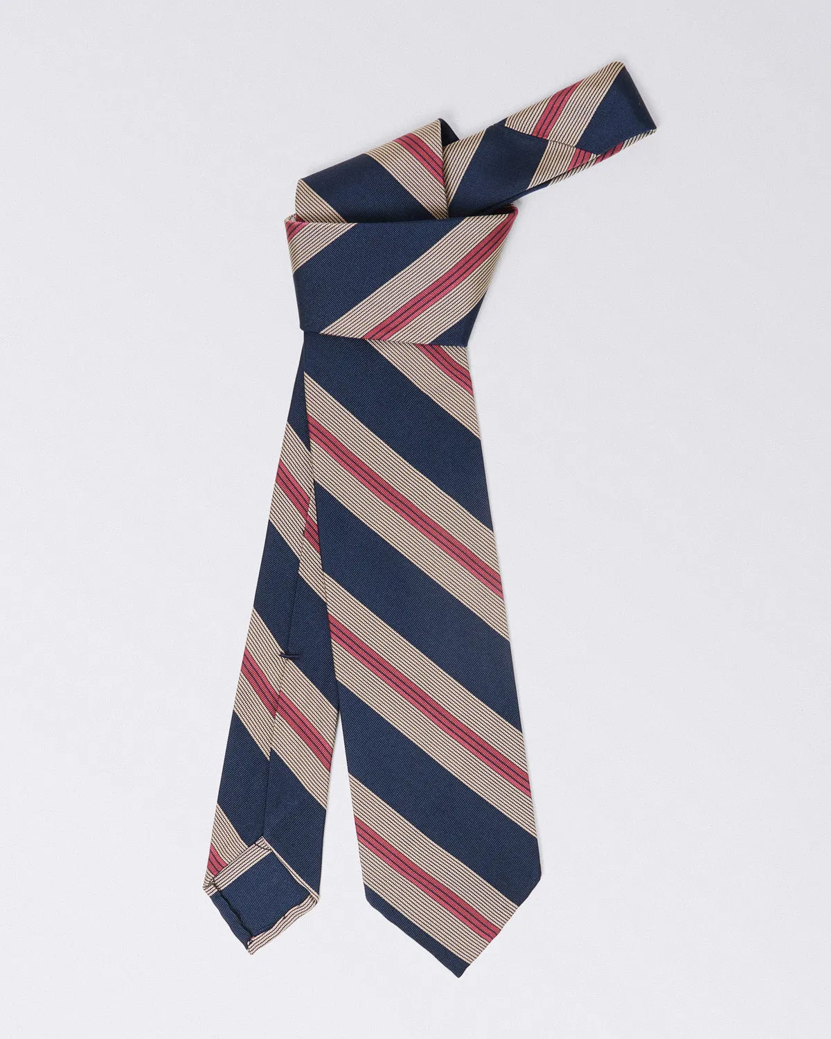 Anversa regimental silk and cotton tie, in blue and green stripes sold by Finamore product image thumbnail 3