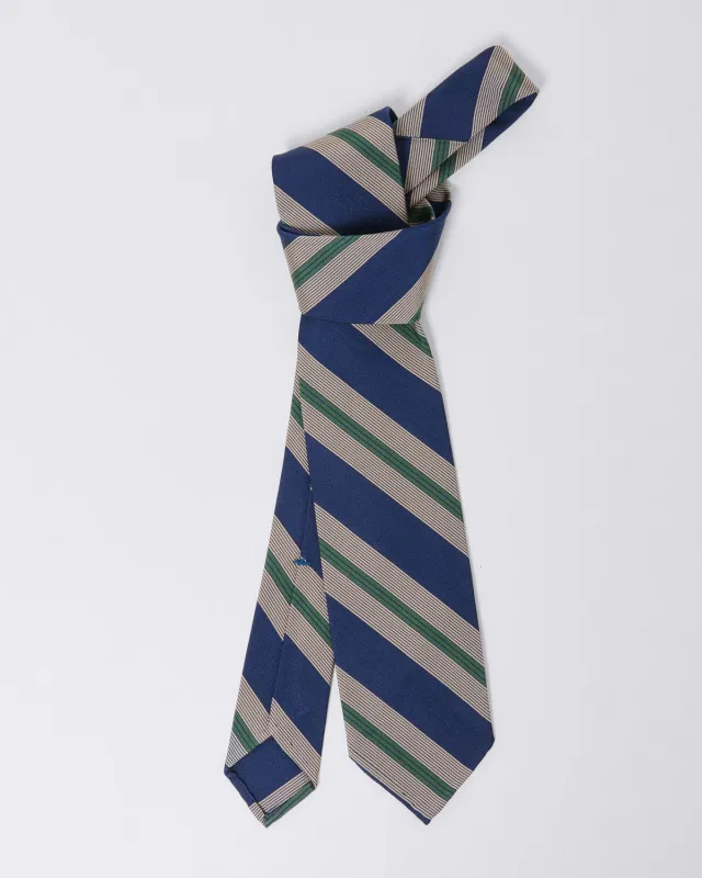Anversa regimental silk and cotton tie, in blue and green stripes made by Finamore