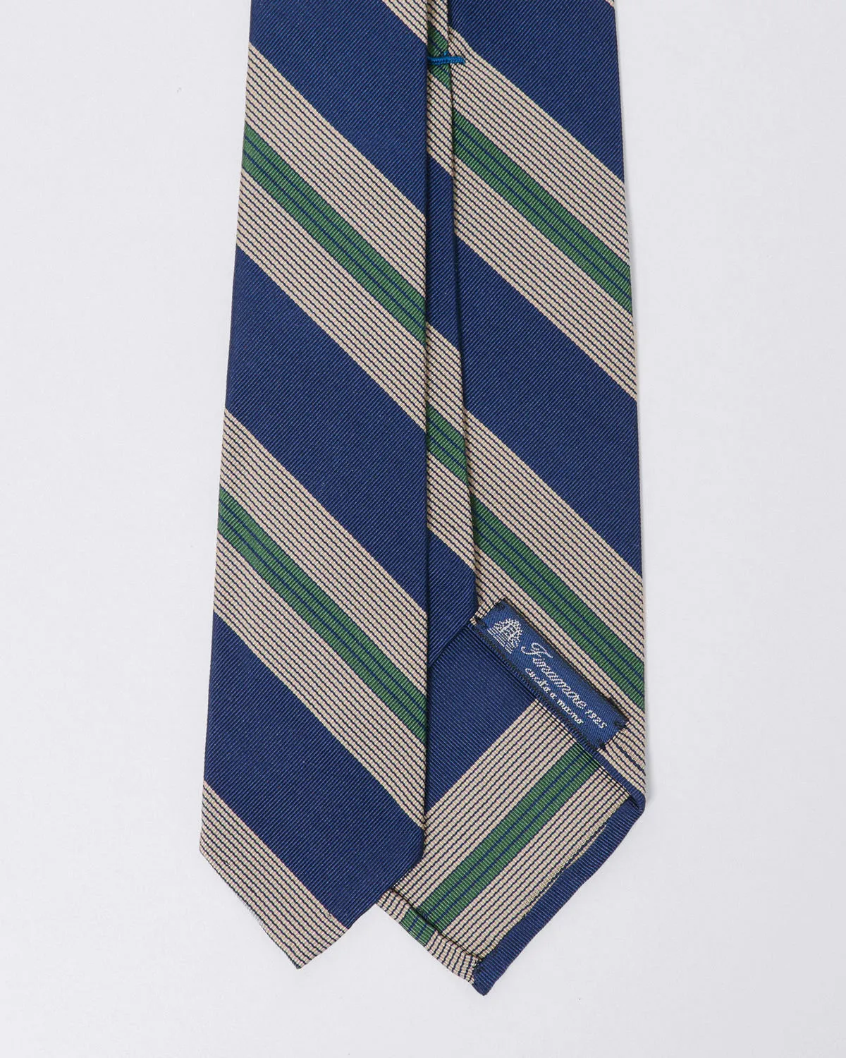 Anversa regimental silk and cotton tie, in blue and green stripes sold by Finamore product image thumbnail 2
