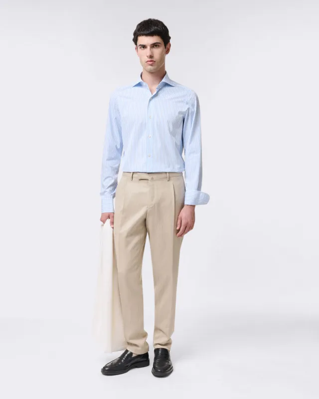 Classic beige Detroit trousers with two pleats. Wool and cotton. made by Finamore