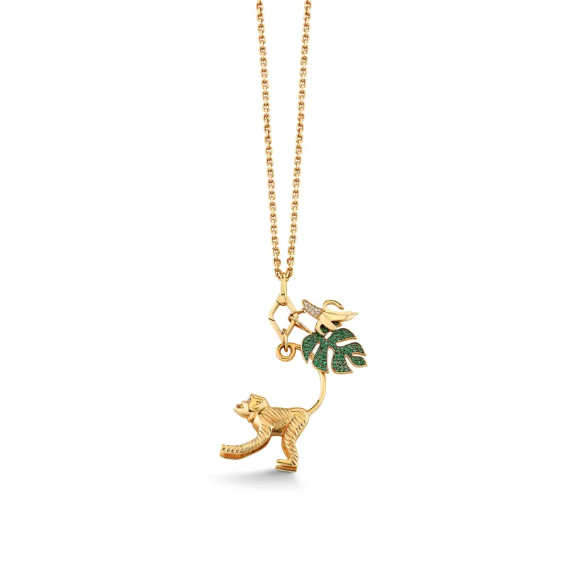 Gold & Diamond Emerald Monkey Banana and Monstera Leaf Necklace made by Sydney Evan