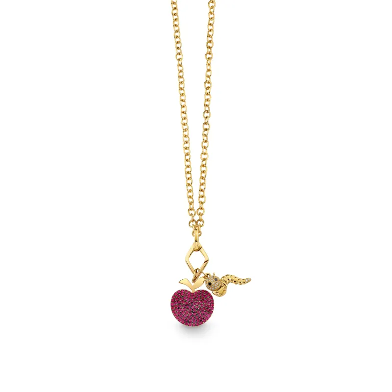 Gold & Diamond Ruby Apple and Caterpillar Charm Necklace made by Sydney Evan