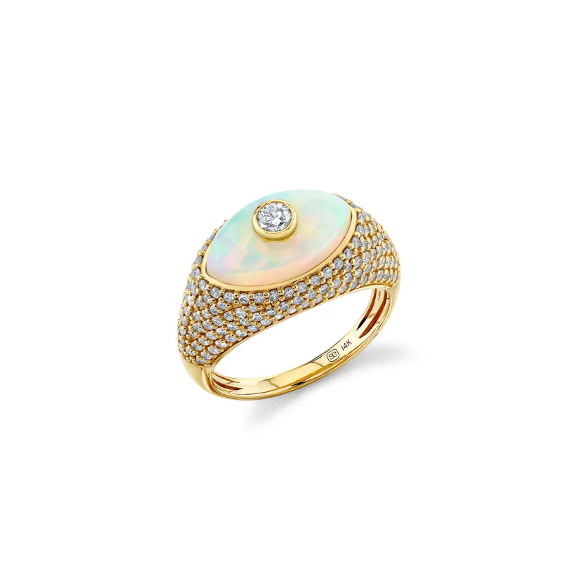 Gold & Diamond Opal Large Carved Stone Pave Ring made by Sydney Evan