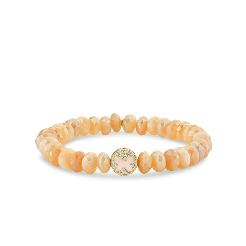 Gold & Diamond Mother of Pearl Stone Inlay Butterfly Icon Bead on Moonstone made by Sydney Evan