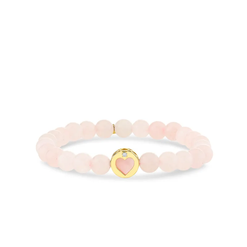 Gold & Diamond Mother of Pearl Stone Inlay Icon Bead Heart on Rose Quartz made by Sydney Evan