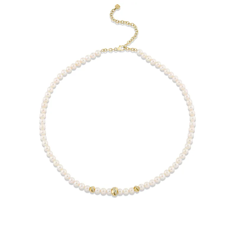 Gold & Diamond Tri Link Rondelles on Pearls Necklace made by Sydney Evan