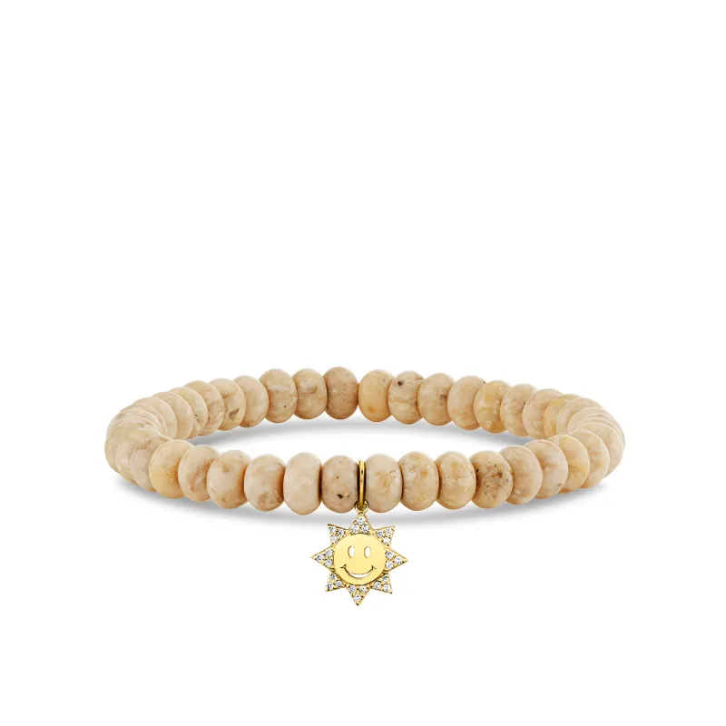 Gold & Diamond Small Happy Face Sun on Cream Jasper made by Sydney Evan