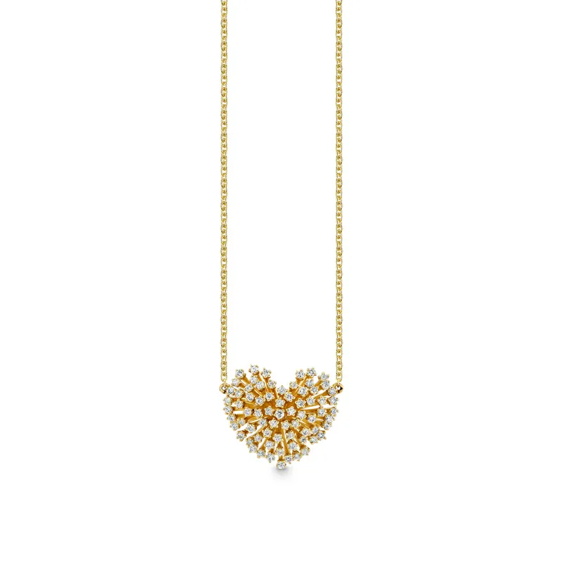 Gold & Diamond Small Stone Heart Shaped Burst Flower Necklace made by Sydney Evan