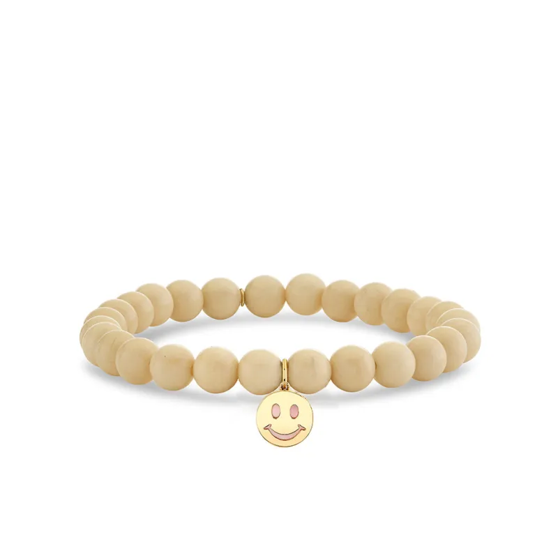 Gold & Diamond Stone Inlay Icon Happy Face on White Coral made by Sydney Evan