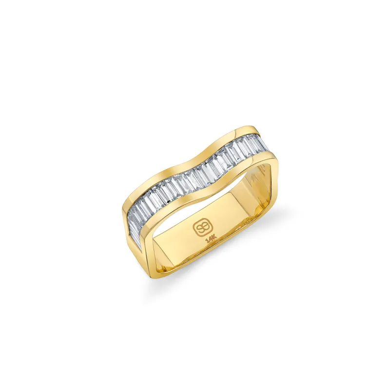 Gold & Diamond Wavy Square Ring with Channel Set Baguettes made by Sydney Evan