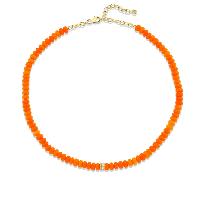 Gold & Diamond 6mm Rondelle on Fire Opal Smooth Round Necklace made by Sydney Evan