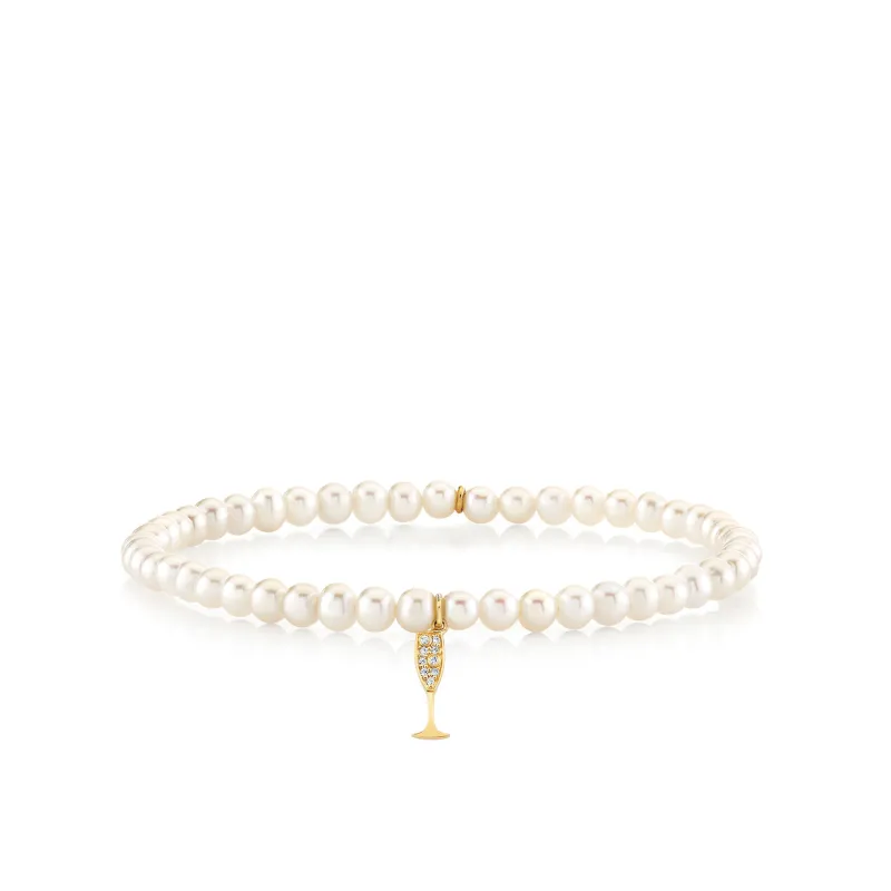 Gold & Diamond Small Champagne Glass on Pearls made by Sydney Evan