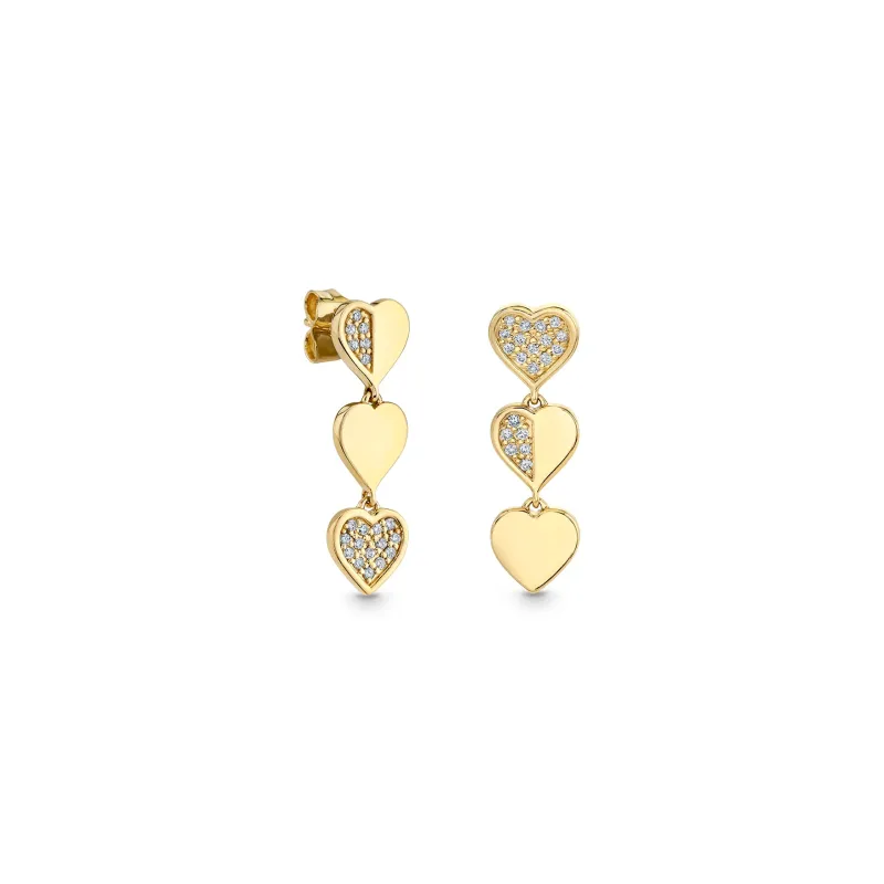 Gold & Diamond Half Pave Three Heart Linear Earrings made by Sydney Evan