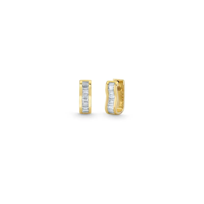 Gold & Diamond Channel Set Baguette Wavy Huggie made by Sydney Evan