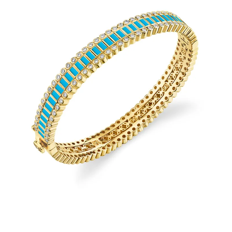 Gold, Diamond & Turquoise Baguette and Round Bezel Hinge Bangle made by Sydney Evan