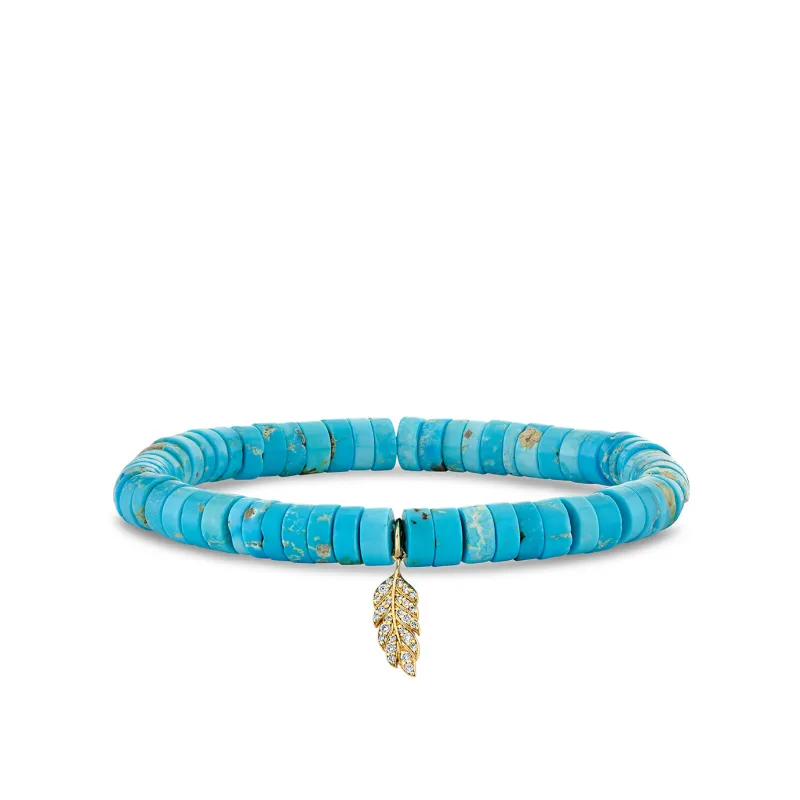 Gold & Diamond Tiny Feather on Turquoise Heishi made by Sydney Evan