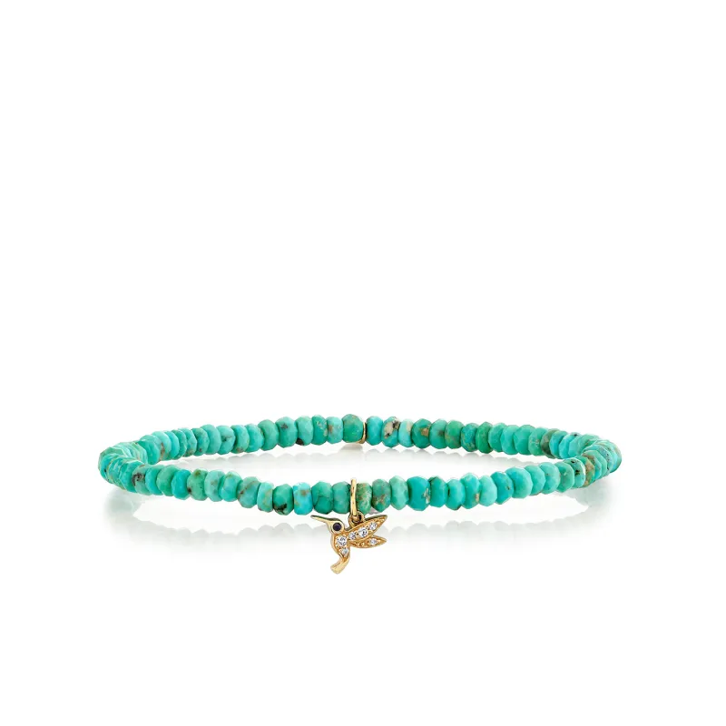 Gold, Diamond & Sapphire Tiny Hummingbird on Turquoise made by Sydney Evan