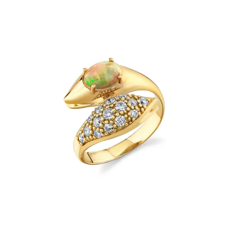 Gold, Diamond & Opal Double Snake Head Ring made by Sydney Evan