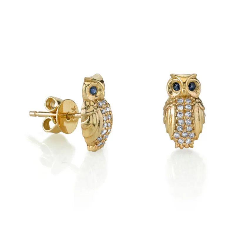 Gold & Diamond Owl Studs made by Sydney Evan