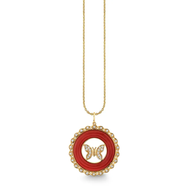 Gold, Diamond & Red Agate Butterfly Stone Pendant made by Sydney Evan