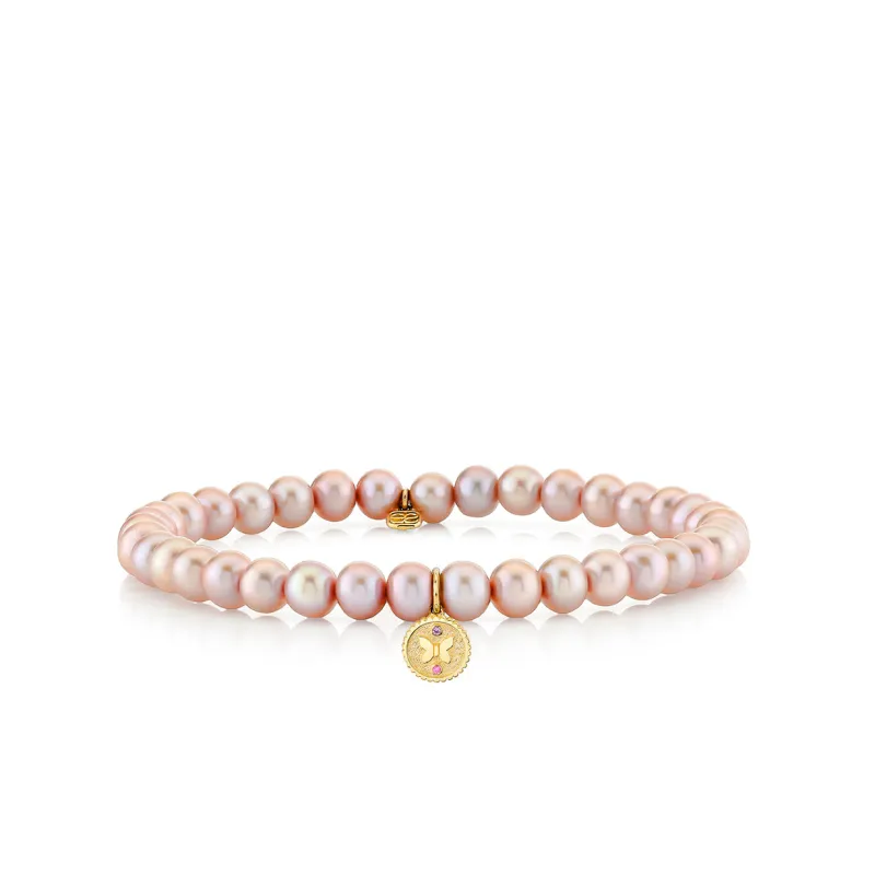 Gold, Pink Sapphire & Amethyst Wicked Glinda Butterfly Tiny Coin on Rose Potato Freshwater Pearl made by Sydney Evan