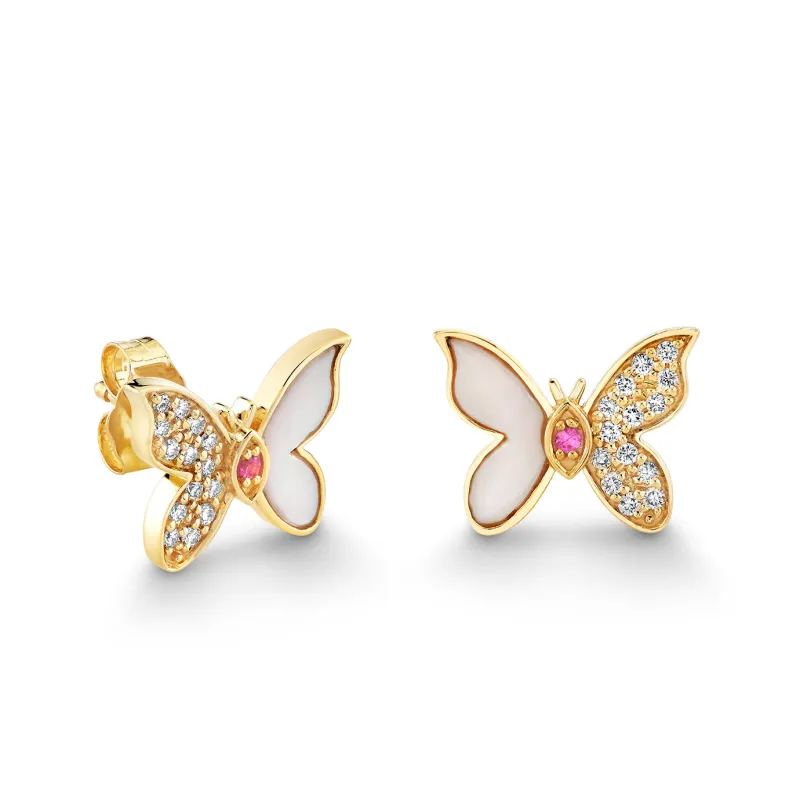 Gold, Diamond, Pink Sapphire & Mother of Pearl Wicked Glinda Stone Inlay Pave Butterfly Stud made by Sydney Evan