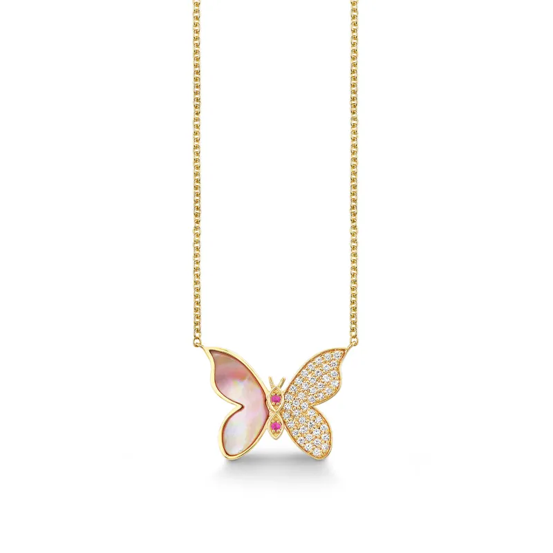 Gold, Diamond, Pink Sapphire & Mother of Pearl Wicked Glinda Stone Inlay Pave Butterfly Necklace made by Sydney Evan